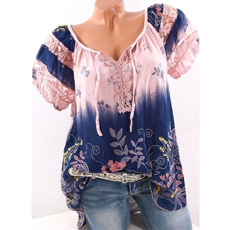 Ladies Summer Tops V-Neck Printed Lace Lace Short Sleeve T-Shirt