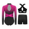 Girls Sparkly Rhinestones Color Block Leotard Long Sleeve Keyhole Back Design Cross Back Vest Shorts Skating Outfit