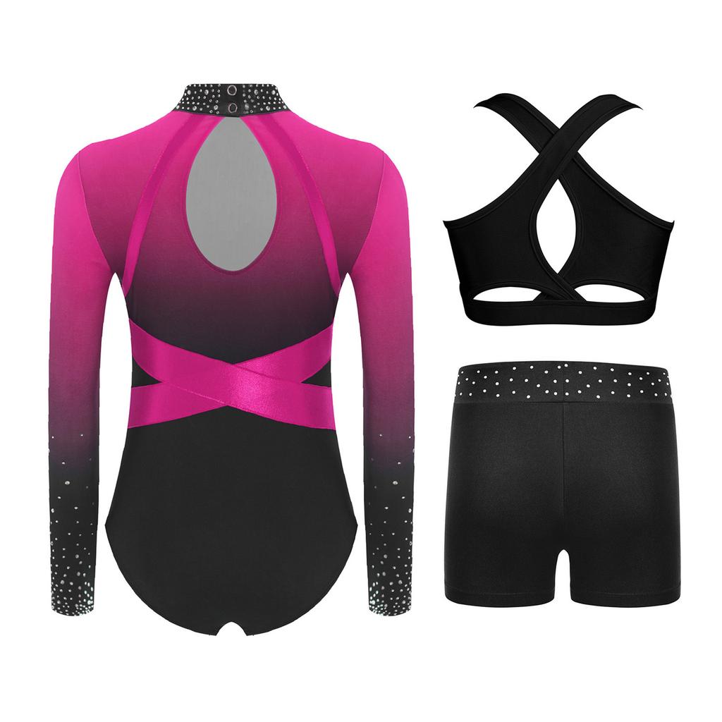Girls Sparkly Rhinestones Color Block Leotard Long Sleeve Keyhole Back Design Cross Back Vest Shorts Skating Outfit