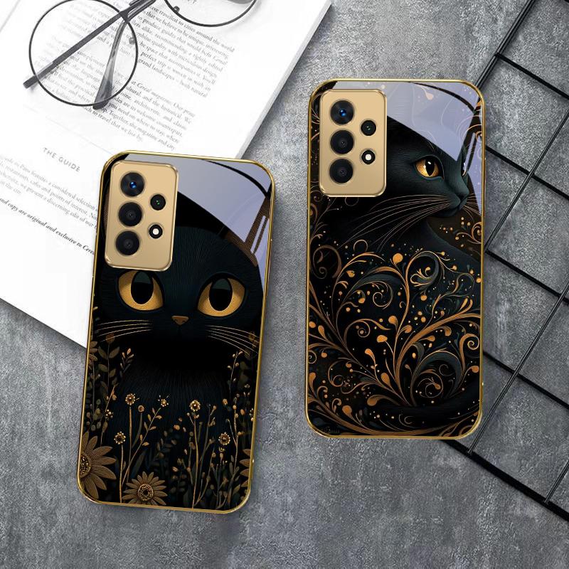 Fantastic Black Cat For Samsung A 01 52S A04 A05S A10 A12 A13 22 23 24 36 42 M02 Note 10 20Ultra 8 9 Golden glass phone case