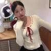 Korean White Square Neck Butterfly Lace-up Sweet Knitted Sweater Women's Autumn and Winter Slim-fitting Chic Interior