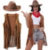 3 Stück Damen Cowboy Cowgirl Kostüm Wildlederimitat Fransenweste Weste mit Nieten Cowboyhut Karnevalsparty Kleidung Clubwear