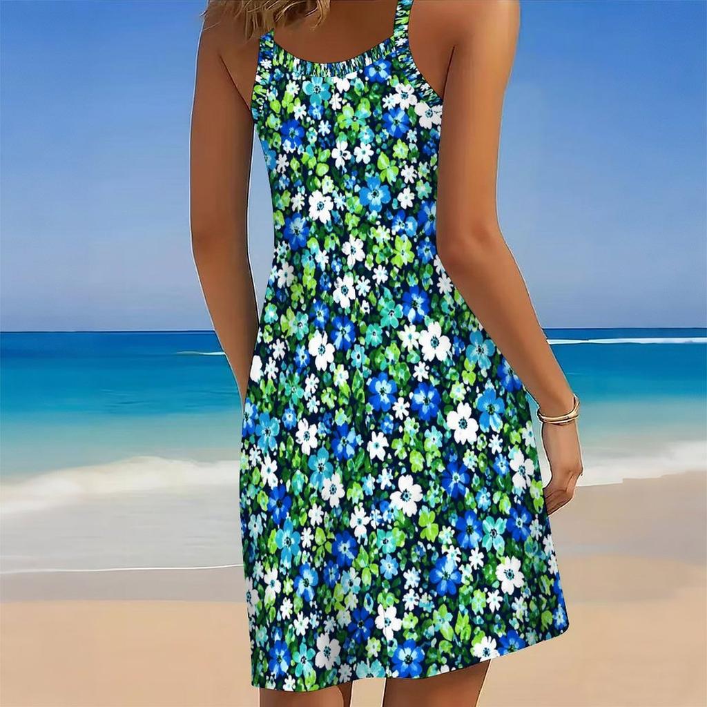 Women Plus Size Scoop Neck Thin Strap Sleeveless Printed Orange Loose Curved Hem Beach Dress