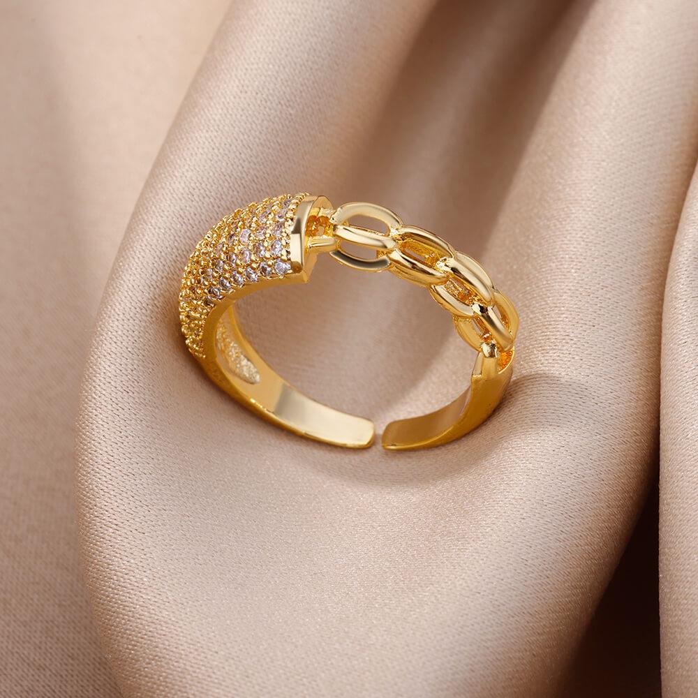 18K Gold Plated Open Ring with Zirconia Leaf Design - Luxurious, Non-Fading, Ideal for Women