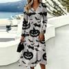 Women's Casual Halloween Print Long Sleeve V-Neck Dress with Pockets