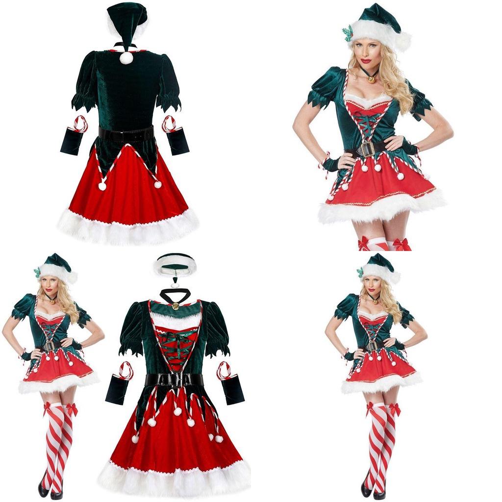 Sexy Green Velvet Santa's Helper Elf Xmas Party Costume With Faux Fur Accents