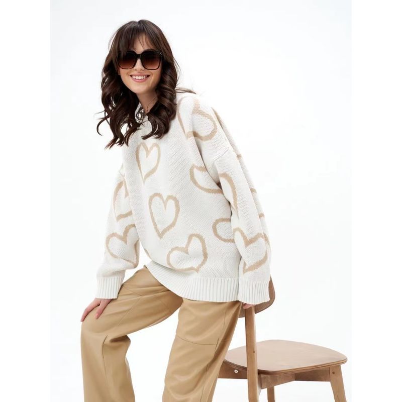 Fashion round Neck Heart Contrast Color Sweater Loose Pullover Knitwear round Neck Neck Love Sweater