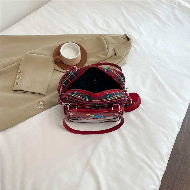 New Kawaii Women Ita Crossbody Tote Bag Clear Nylon Plaid Small Shoulder Bag JK Girls Pin Display Handbag With Circle Pocket