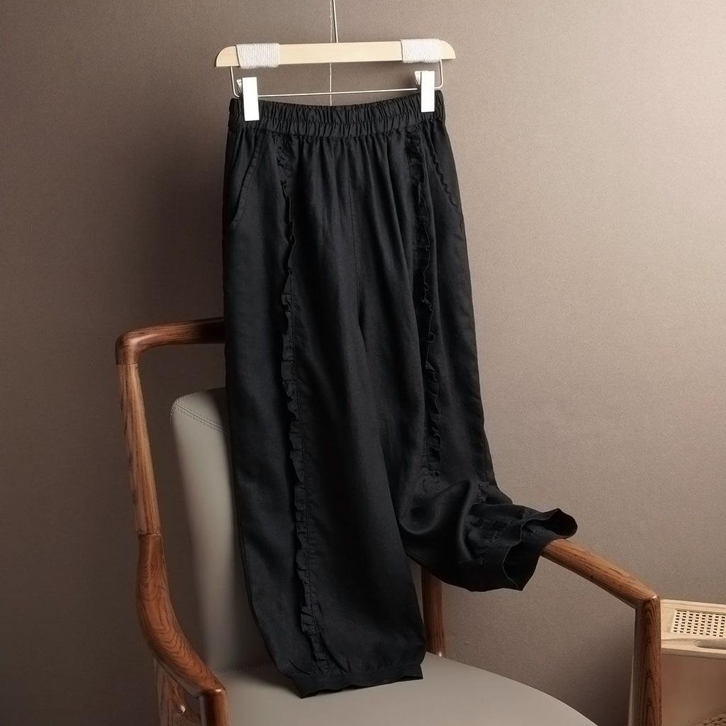 Summer Lightweight Lace Trimmed Cotton Linen Casual Pants Women Loose Nine-Minute Wide-Leg Versatile