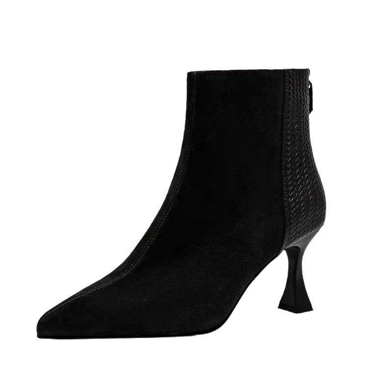 2024 Autumn and Winter New Pointed Thin Heel Short Boots Female Internet Celebrity Elastic Boots Simple French Sleeve High Heels Trend Female