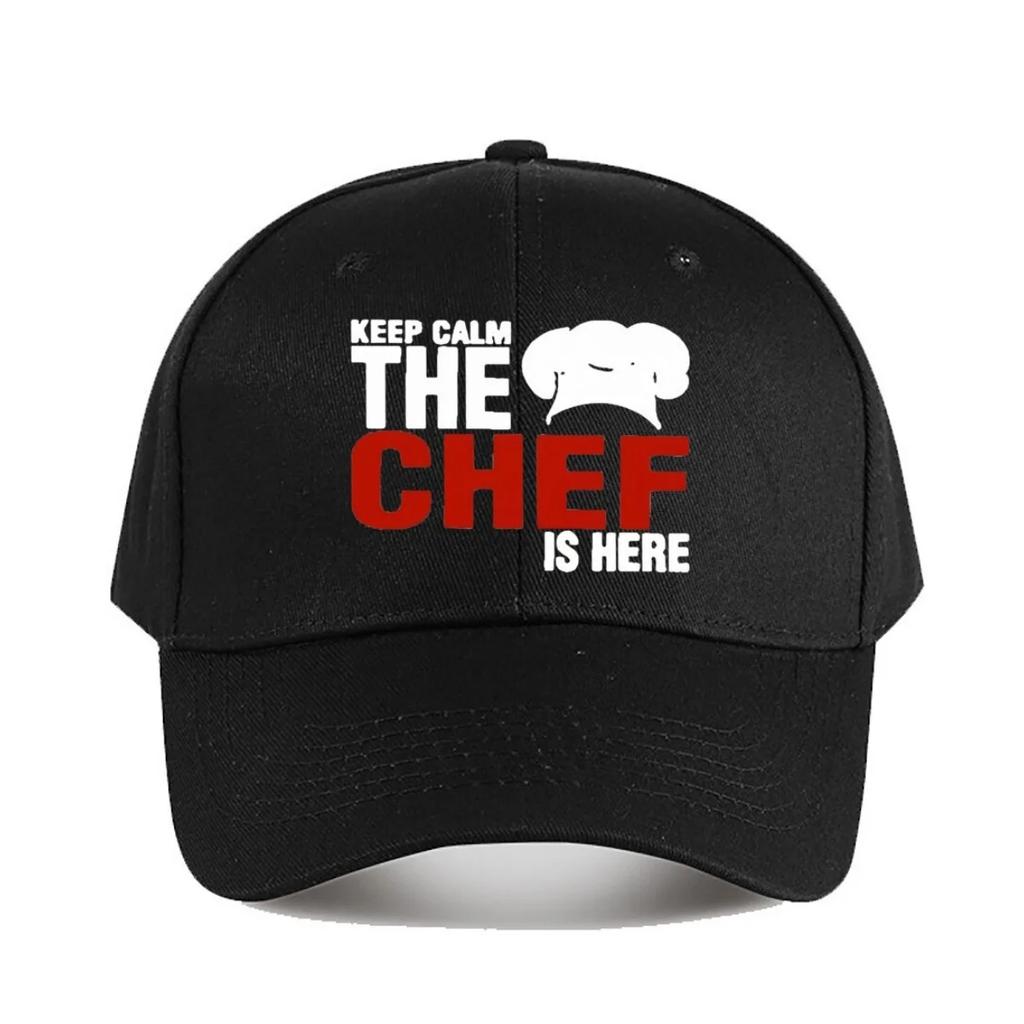 Keep Calm The Chef Is Here Funny Baseball Cap Adjustable Snapback Hat for Unisex Women Navy Blue with White Text