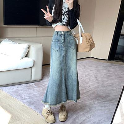 Elegant Woman Raw Edge Female Summer Thin High Waist A-line Package Hip Mid-length Fishtail Skirt Versatile Comfortable Fashion Denim Bustier Skirt