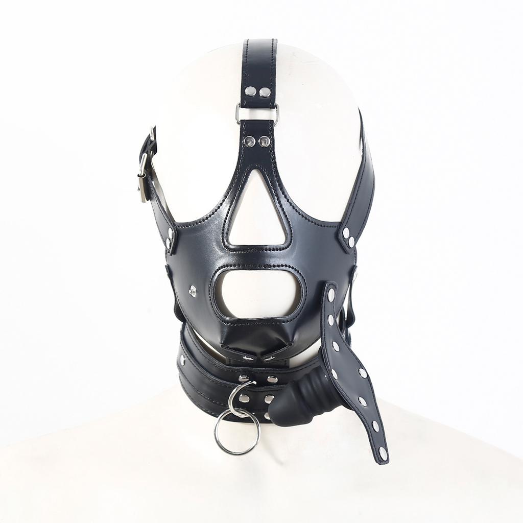 BDSM PU Leather Head Harness Hood with Silicone Dildo Mouth Gag Slave Bondage Mask Collar Fetish Role Play Gear Adult Sex Toys