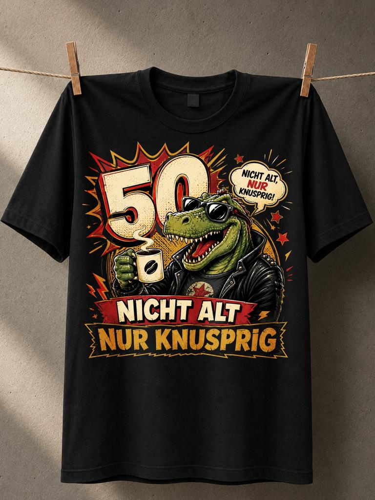 50 Nicht Alt Nur Knusprig Crocodile In Leather Jacket Holding Coffee With Speech Bubble Funny Unisex All Tshirt