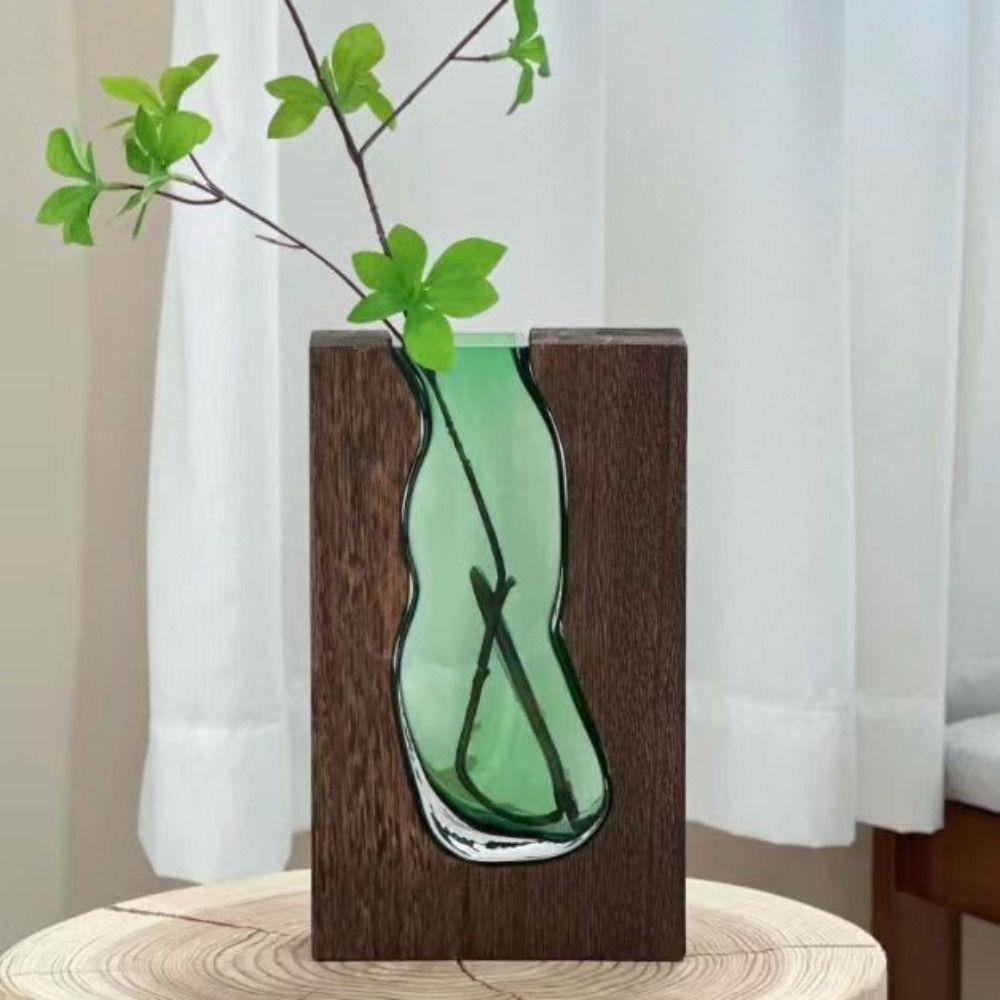 Wooden Glass Vase Transparent Flower Pot Desktop Ornament Hydroponic Flower Holder  Office