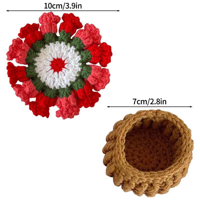 Crochet Coaster Handmade Knitted Flower Bouquet Coaster Plant Pot with Flowerpot Flower Placemat Cup Pad Teacup Stand Diy Flower