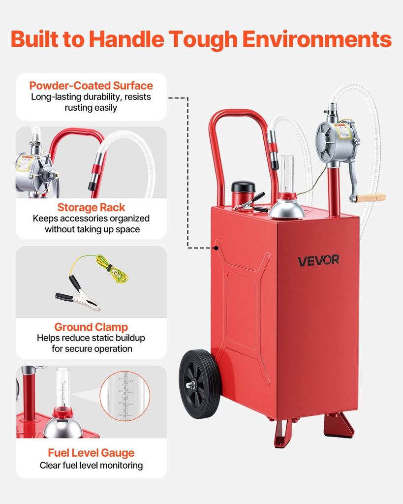 56.8L Fuel Gas Caddy, Carbon Steel, Portable Fuel Transfer Storage Tank with Manual Pump & Rolling Wheels, Gasoline Diesel Can Container, for Cars,