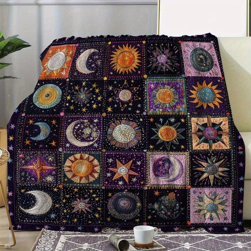 Comfortable Retro Celestial Moon Star Flannel Blanket Soft Suitable for Sofas Beds Offices Travel Machine All Season Comfortable