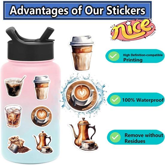 50Pcs/Set Coffee Lovers Sticker Self-adhesive Waterproof PVC DIY Phone Cover Cup Luggage Skateboard Laptop Scrapbook Graffiti Decal Kit