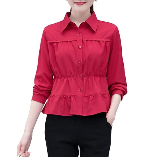 

Женская рубашка однотонная с длинным рукавом и лацканами, с оборками и строчкой «лепесток» M вино красного