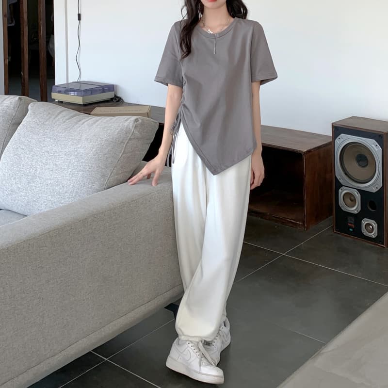 Tricouri de vară solide neregulate pentru femei, tricou cu mânecă scurtă și guler O, casual, Slim, elastic, cu șnur, y2k, crop topuri, haine pentru femei