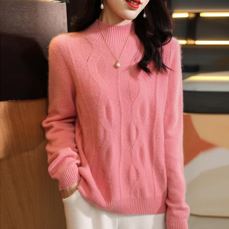 Half-high Neck Hollow Large Wavy Cardigan for Women In Autumn and Winter Loose and Versatile Knitted Base Shirt Skin-friendly Long-sleeved Sweater