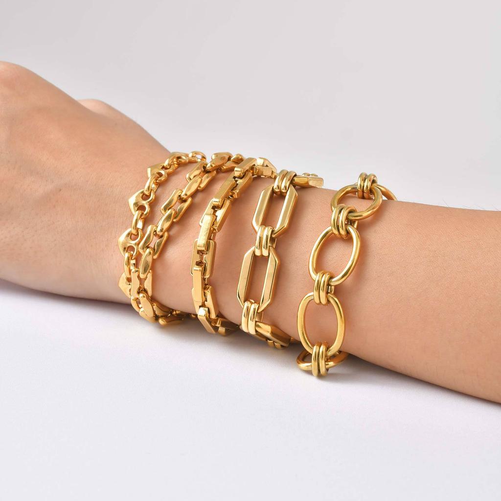 Punk Style Ladies Stainless Steel 18K Gold Plated Geometric Design Handmade Bracelet Thick Chain Jewelry Accessories Br-2646