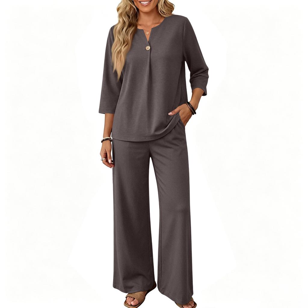 Women's Casual Two-Piece Outfit Set Color 3/4 Sleeve Button Front Top with Wide Leg Pants for Everyday Wear