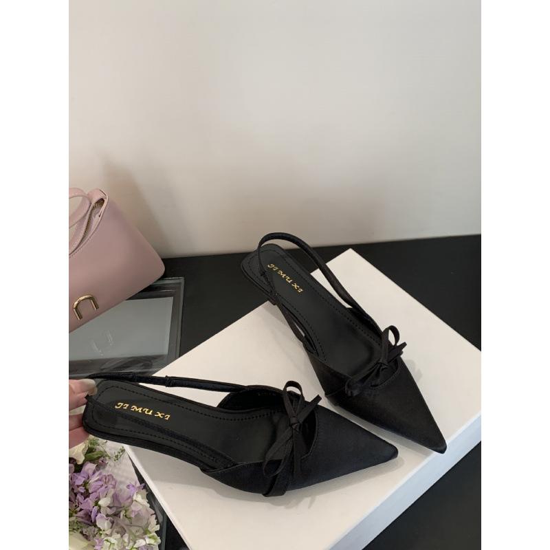 2025 Spring and Autumn High Heels Four Seasons Shoes Korean Version Pointed Head Bow Satin Baotou Sandals Hollow Single Shoes Women
