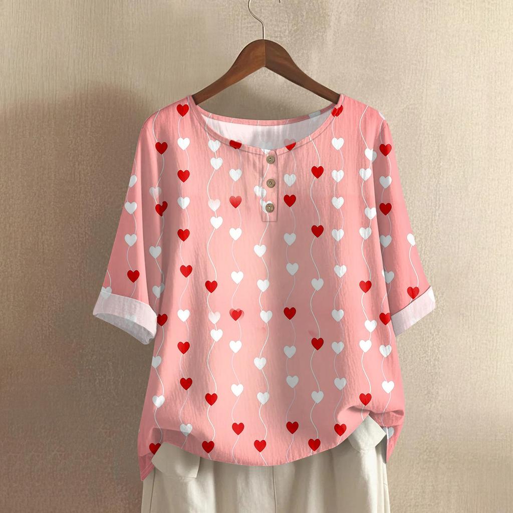 Damska casualowa bluzka z bawełny i lnu, z krótkim rękawem, okrągłym dekoltem i nadrukiem walentynkowym