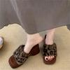 French retro leopard print wedge heel fluffy slippers women's outer wear 2025 autumn and winter fairy evening wind heightened cotton slippers