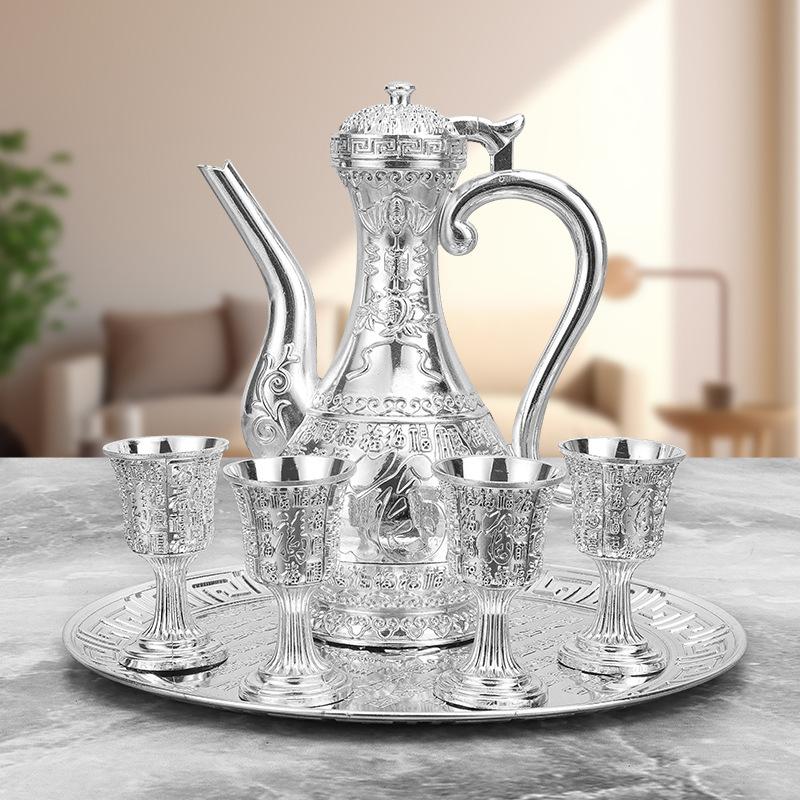 6 Pcs Set Dragon and Phoenix Wine Set Tea Pot Home Party Decorative With 4 Cup Set Coffee Tea Serving Pot With Round Shaped Tray