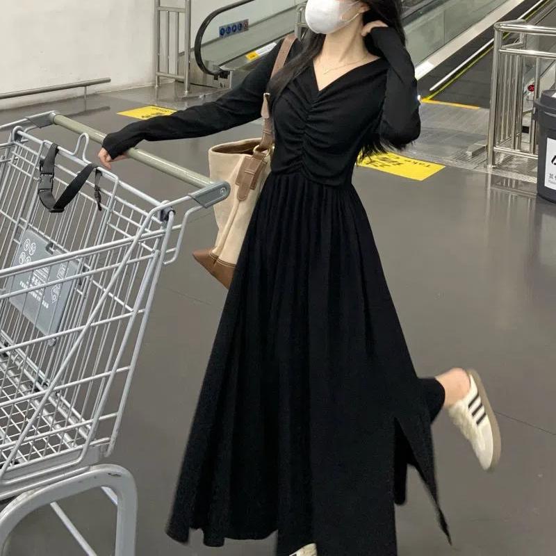 French Style Fashion Dresses Sping New Women Solid V-Neck Pleated Temperament Long Sleeve Slim Mid-length A-line Corset Dress
