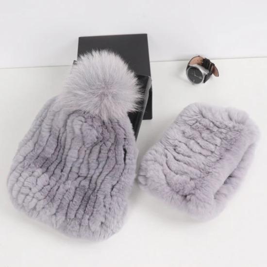 New Fashion Knitted Good Elastic Real Fur Scarf Hat Sets Women Winter Warm Natural Rex Rabbit Fur Scarves Hats Sets
