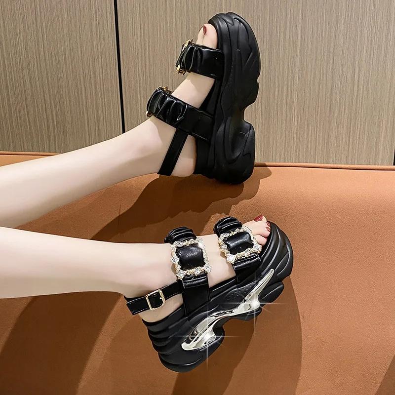 Female Sandal High Heels Black Shoes for Women Muffins Shoe Buckle Strap 2025 Summer Open Toe Girls Rhinestone High-heeled Beige