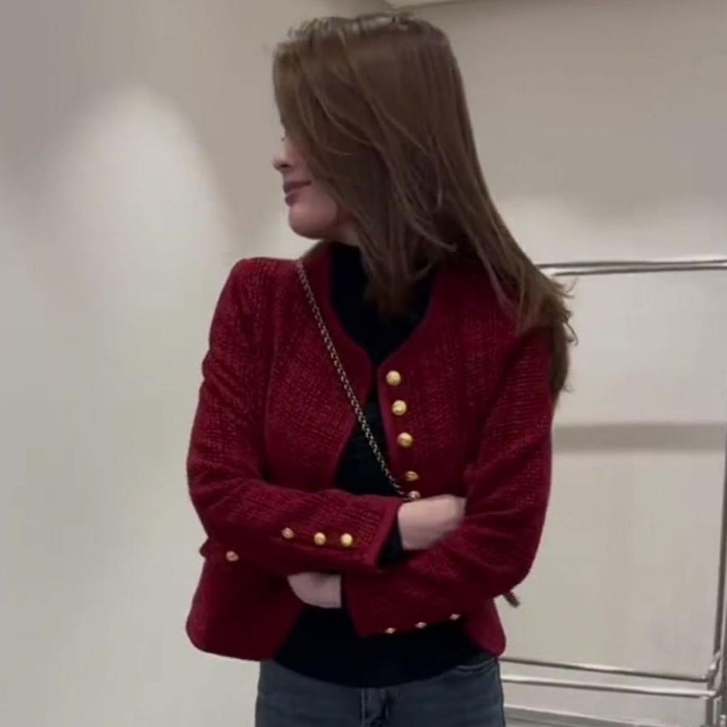Spring Short Tweed Jacket French Style Round Neck Fashionable Petite Coat