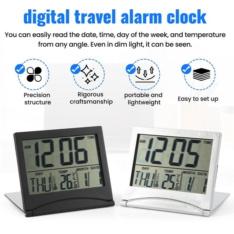 ABWR-2 Pcs Digital Travel Alarm Clock Foldable LCD Clock With Calendar Temperature Snooze Mode Portable Display Desk Clock