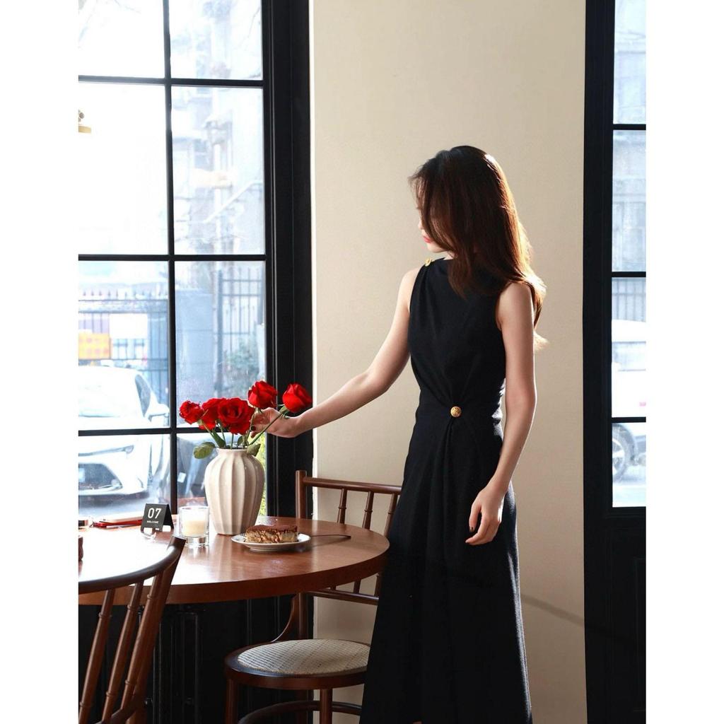 Merino Wool Blend Pleated Slimming Dress with Gold Buttons