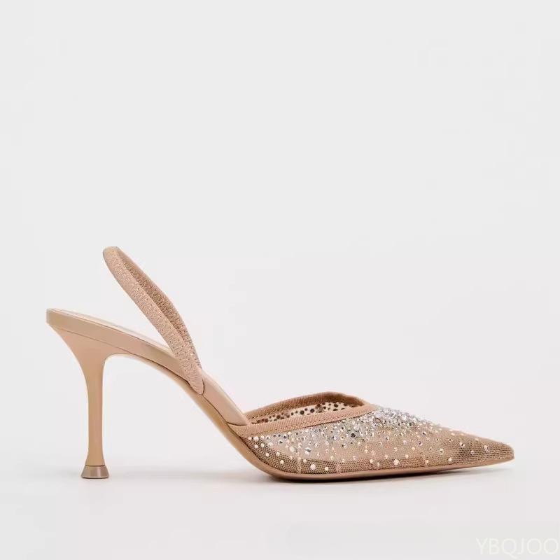 Fashion Women's Summer Sandals New Rhinestone Bright Mesh High Heels Footwear Elegant Slingback Pointed Slip on Party Lady Pumps Shoes