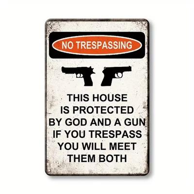 Vintage 1 Stück Warnung Waffe Schild Dieses Haus ist durch Gott und Waffen geschützt Rost-/Lichtbeständig, Einfach zu installieren Innen-/Außenbereich