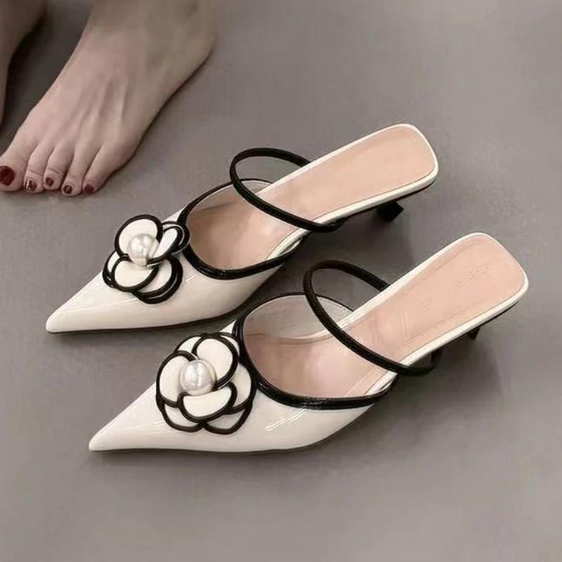 Fashion Designer Flower Women Heeled Slippers Bead Pointed Toe Mid Heels Shoes 2025 Fashion Shallow Pumps Party Summer Chaussures Ladies