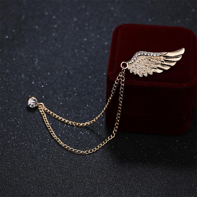 Cz Tassel Chain Angel Wings Brooch Men And Women Luxury Zircon Metal Feather Lapel Pins Men Women Jewelry Accessories