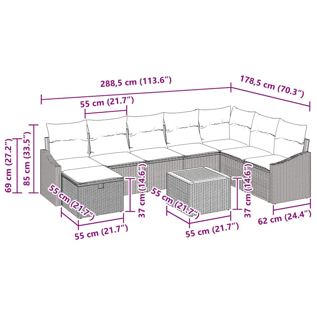 9 Piece Grey Garden Sofa Set with Cushions and Storage