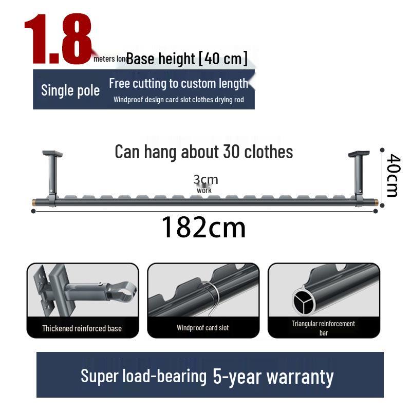 Aluminum Windproof Balcony Drying Rod - Top-Mounted, Hole-Punching Design for Secure Clothes Hanging