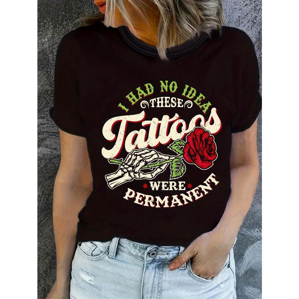 

Women s Funny Tattoo Quotes T-Shirt Red Rose Pattern Black Crew Neck Short Sleeve Top 3XL