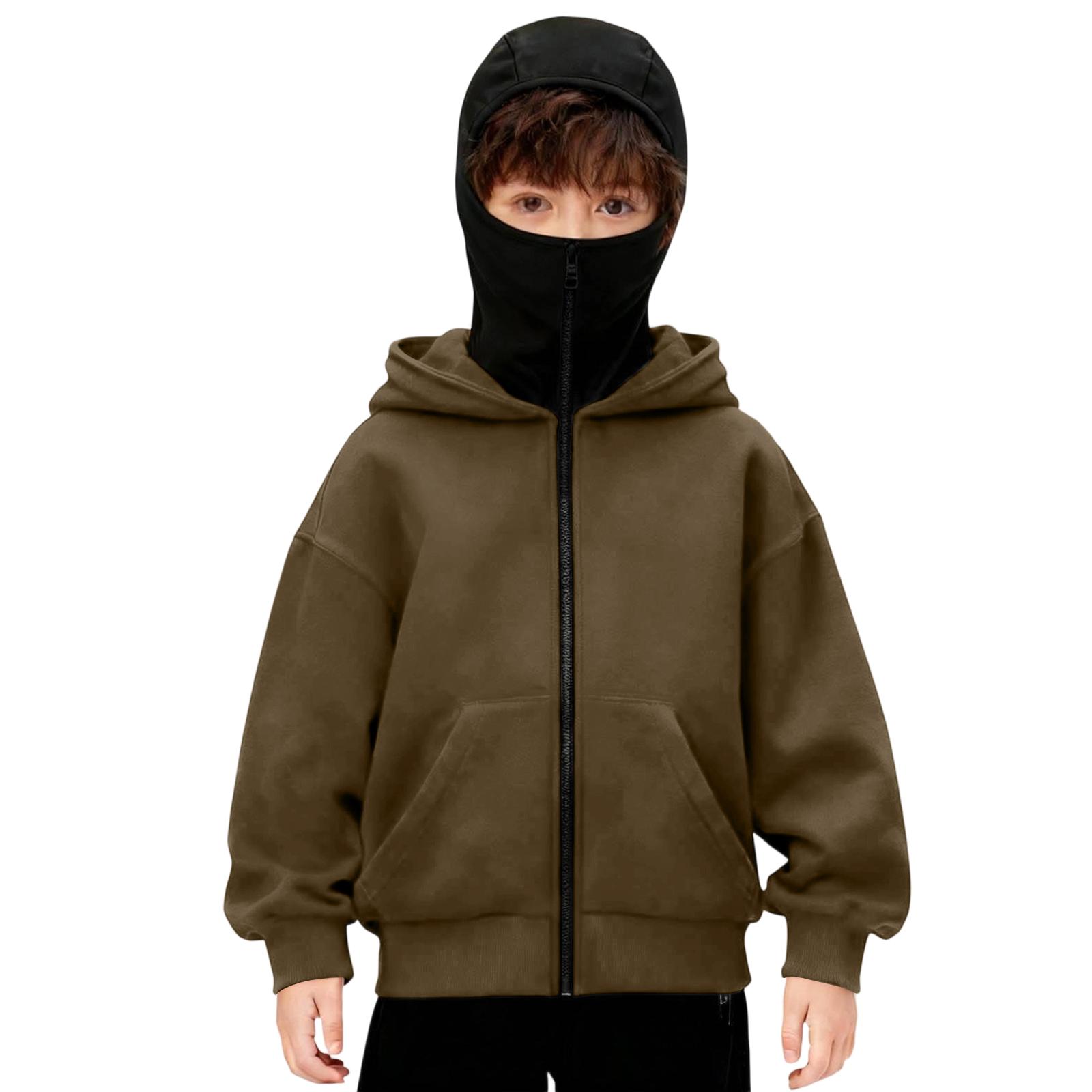 Sdwen Jongens Winter Hoodie Sweatshirt Met Gezichtsmasker Rits Winddicht Warm Sportjack Met Zakken Casual Hooded Jassen 120 koffie