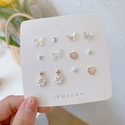6 párů/sada Jednoduchá perlová luk Butterfly Náušnice Set Dámské doplňky