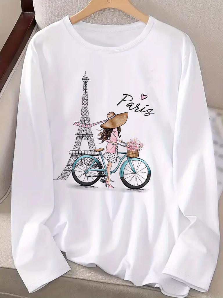 Langarmshirt Y2k Paris Girl mit Fahrrad T-Shirt Damen Lässiges Langarm-T-Shirt Rundhals Oberteil Tee T-Shirt