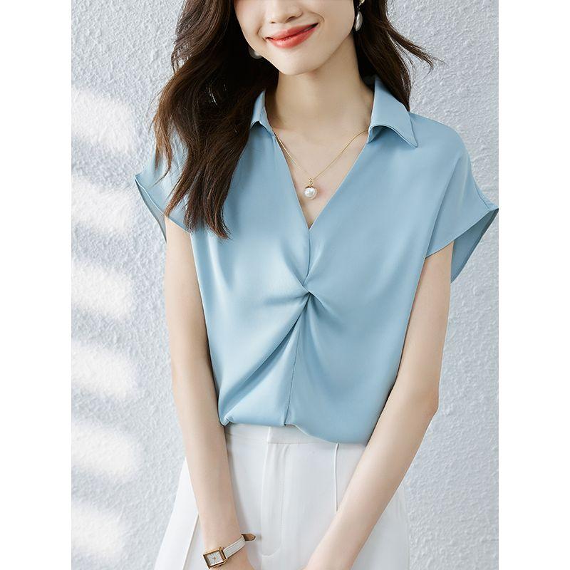 Sweet Summer New Arrival K-style Lake Blue V-neck Satin Fashion Commuter with Shoulder Short Sleeve Shirt Top Easiest for Match Female