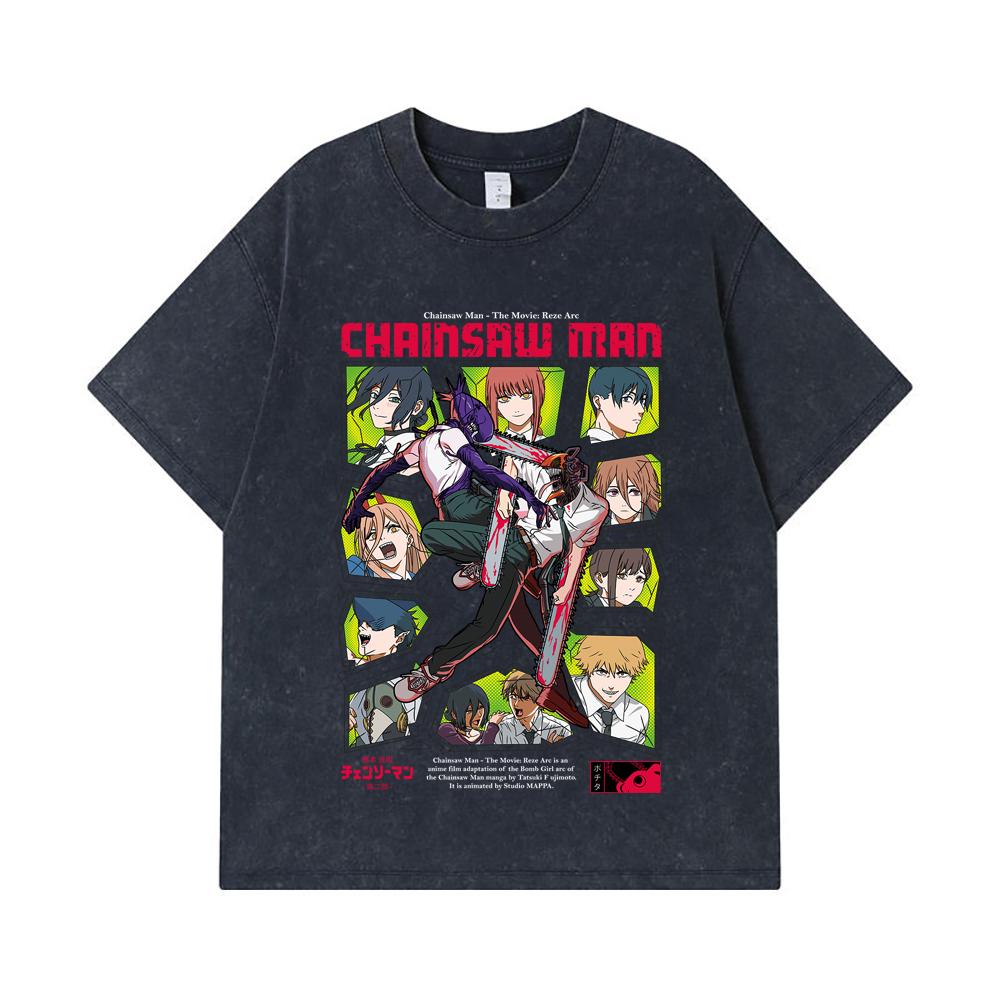 275 GSM Washed T-shirts 100% Cotton Chainsaw Man V17 Reze Arc Print Unisex Heavy Cotton T Shirt